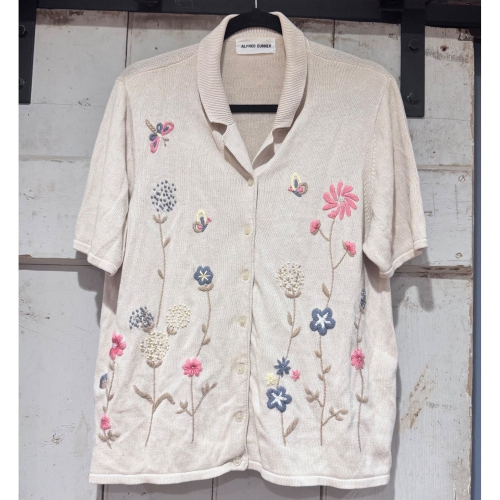 Vintage Alfred Dunner Short Sleeve Collar Button Up‎ Floral Embroidered Cardigan